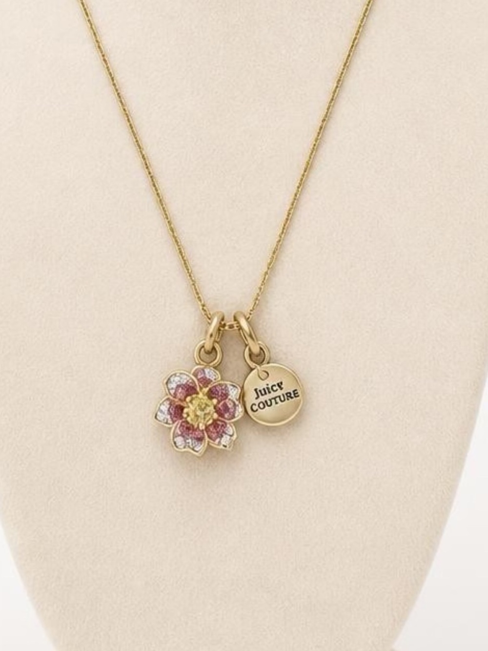 Reversible Juicy Couture Pink Enamel and Rhinestone Necklace Gold Tone